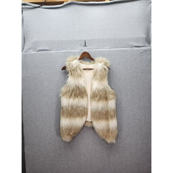 Skies Are Blue Faux Fur Vest Beige White Striped Sleeveless Lined Size S - Picture 1 of 6